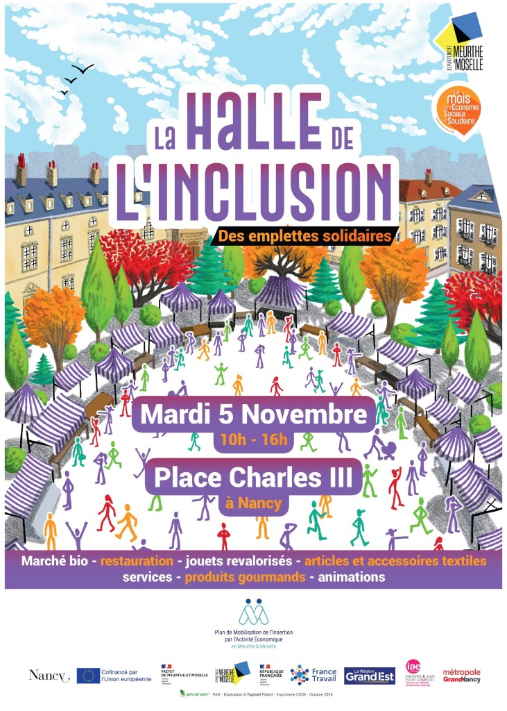 Affiche colorée pour l'événement "La Halle de l'Inclusion", indiquant la date et le lieu, avec des illustrations de personnes au marché, des stands et des activités.