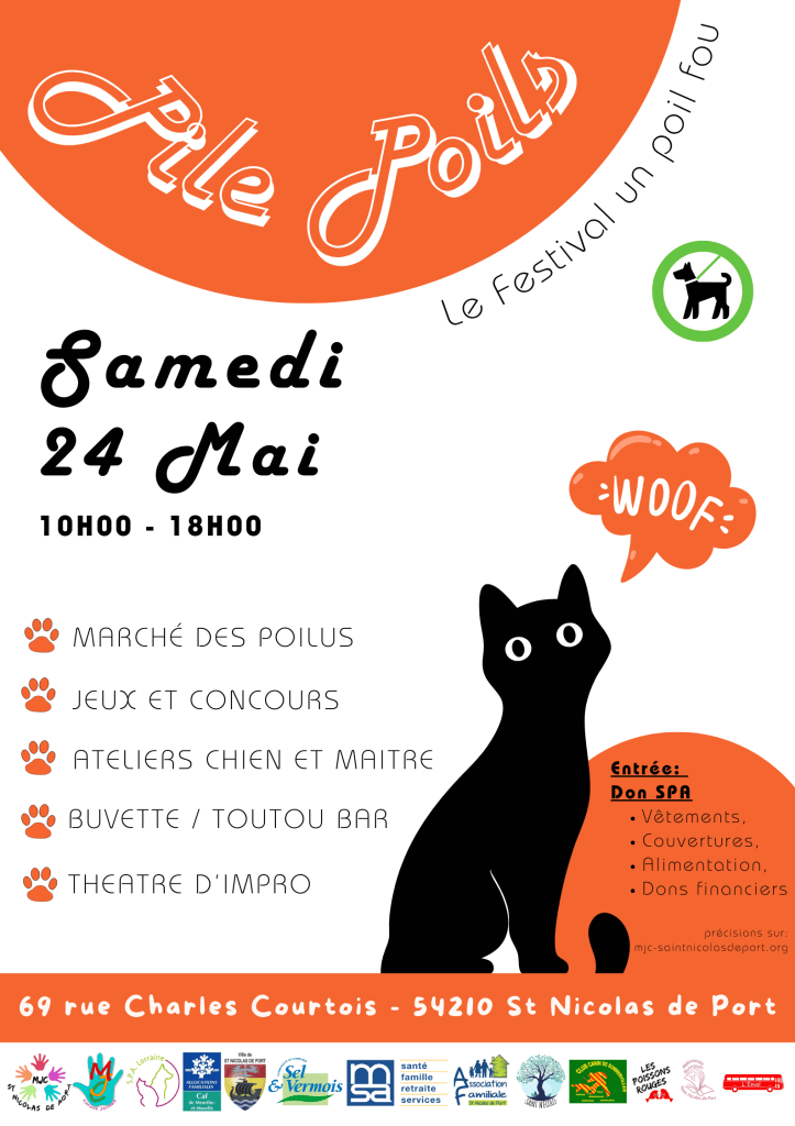 Affiche du festival 'Pile Poils' se tenant le samedi 24 mai 2025 à St Nicolas de Port, présentant divers événements pour animaux de compagnie comme un marché, des jeux, des ateliers et un bar à toutou.
