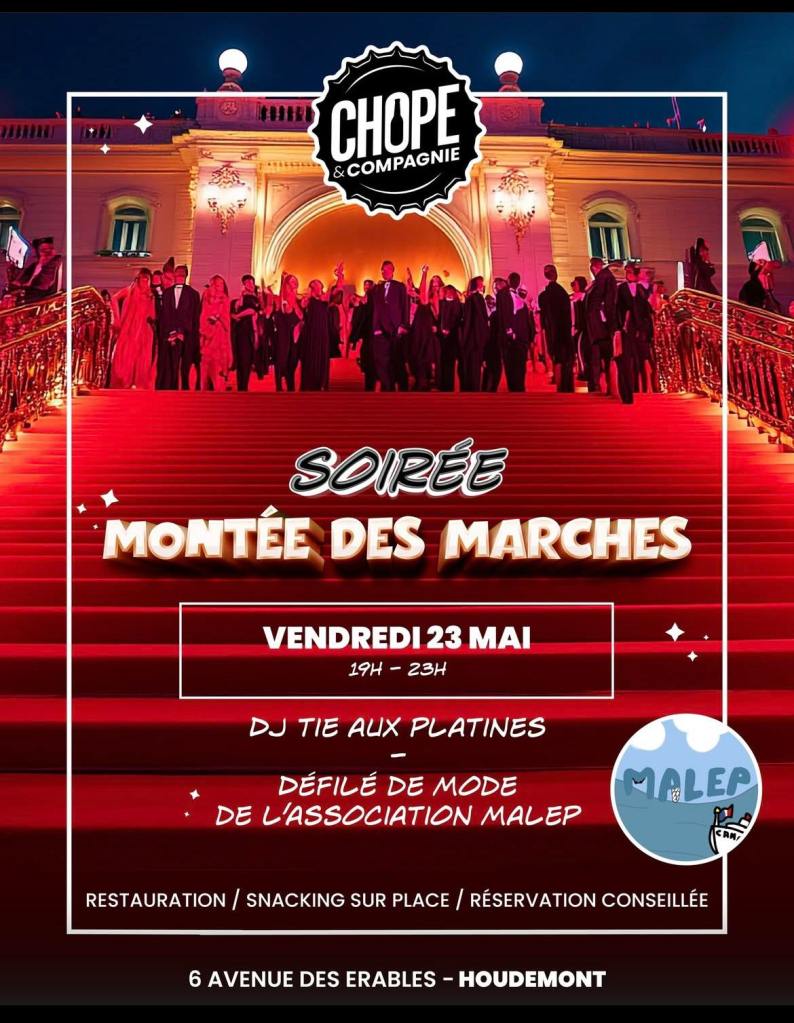 Affiche de la soirée Montée des Marches à Houdemont, avec une image d'un escalier illuminé en rouge et des personnes en tenue de gala.