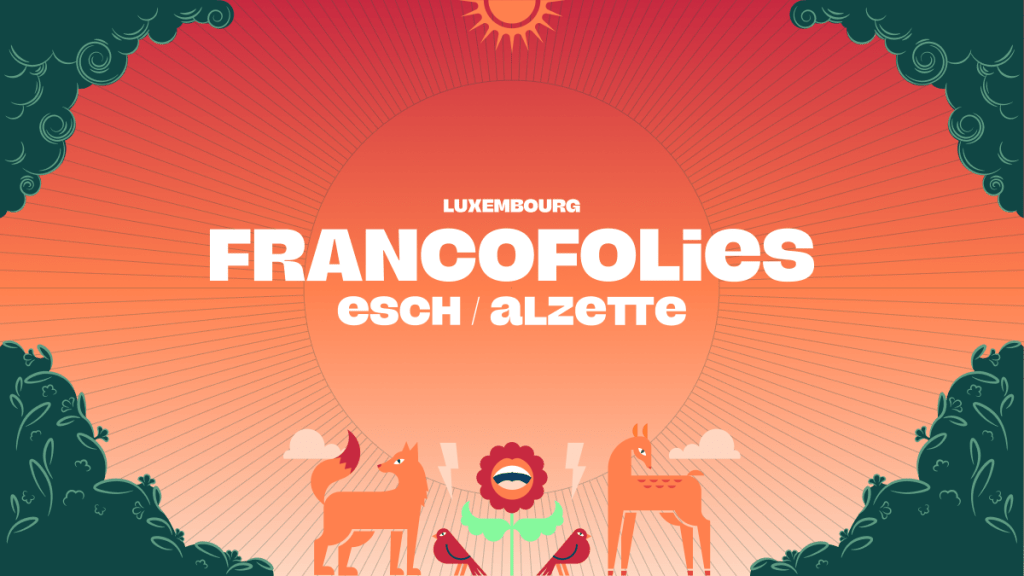 Affiche colorée des Francofolies d'Esch-sur-Alzette, présentant le logo du festival avec un soleil en arrière-plan et des éléments graphiques de la nature.