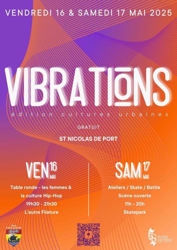 Affiche du festival 'Vibrations' à Saint Nicolas de Port, présentant les dates, événements et activités liés à la culture urbaine.