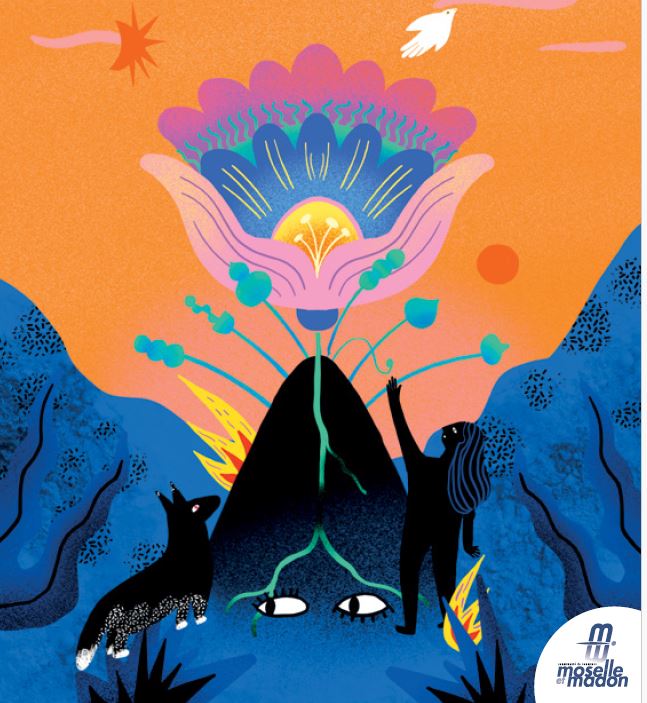 Illustration colorée représentant un paysage fantastique avec une grande fleur, un volcan, une silhouette humaine levant la main, un chien noir et un ciel orange avec des étoiles et un oiseau.