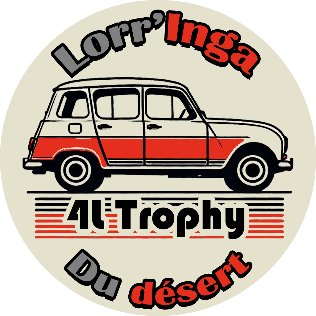 Logo de l'équipage Lorr'inga du désert pour le 4L Trophy, représentant une Renault 4L avec un design rétro en rouge et noir.