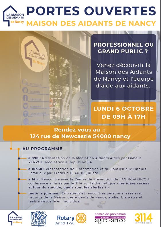 Affiche pour la journée portes ouvertes à La Maison des Aidants de Nancy, indiquant la date, l'adresse et le programme des activités.