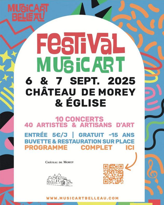 Affiche du festival MusicArt 2025, indiquant les dates, lieu et informations sur les concerts et les artisans.