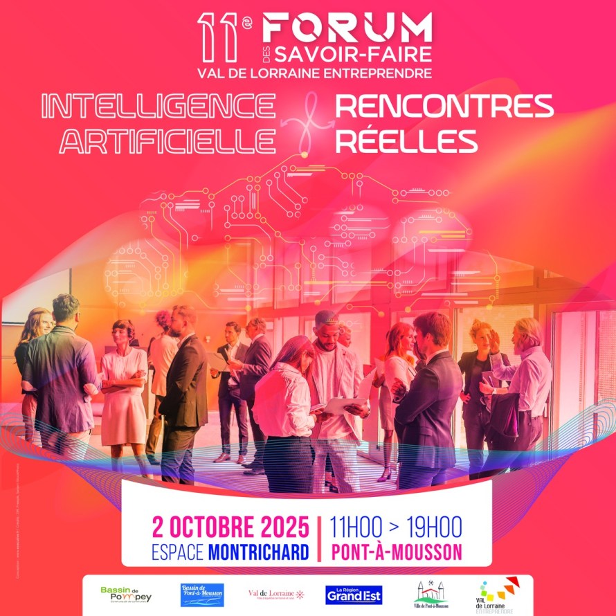 Affiche du 11ème Forum des savoir-faire, mettant en avant le thème de l'intelligence artificielle au service de l'industrie. Event prévu le 2 octobre 2025 à l'Espace Montrichard de Pont-à-Mousson, avec des participants en discussion et des informations sur l'événement.