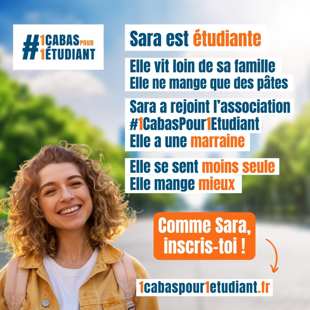Image promoting the association #1CabasPour1Etudiant, featuring a smiling female student named Sara, who shares her experience of receiving support through the program.