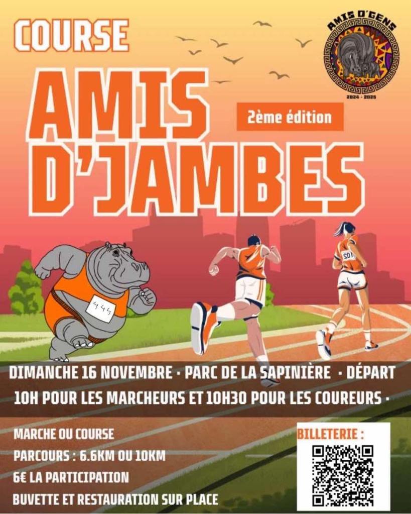 Affiche de la course 'Amis D'Jambes', 2ème édition, présentant un hippopotame et des coureurs, avec les détails de l'événement prévu au parc de la Sapinière le 16 novembre.