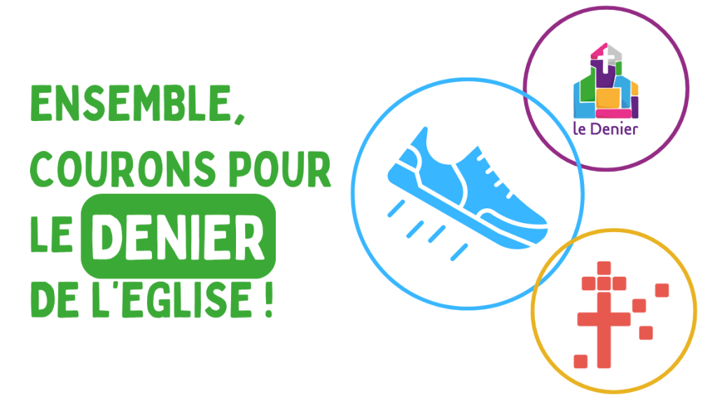 Visuel promotionnel pour l'événement "Courir au service du Denier de l'Église", incluant un slogan en vert, une sneaker bleue, et des logos représentant le Denier.