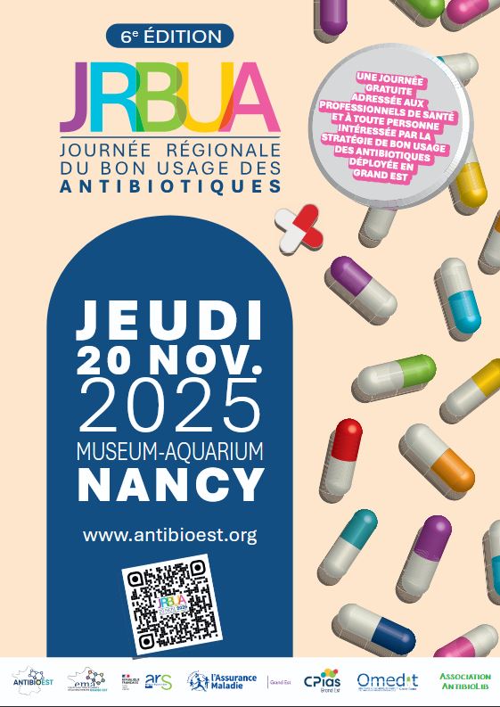 Affiche de la 6ᵉ Journée Régionale du Bon Usage des Antibiotiques, présentant la date, le lieu et les détails de l'événement à Nancy, avec des illustrations de capsules d'antibiotiques.