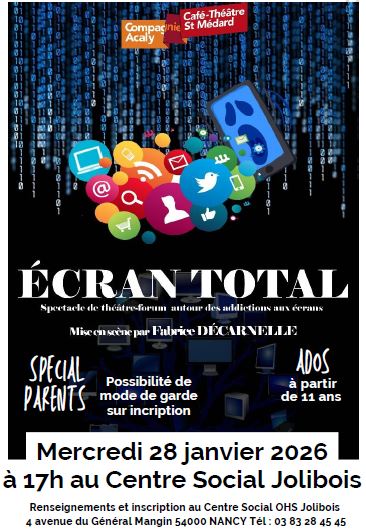 Affiche du spectacle Écran Total, un théâtre-forum sur les addictions aux écrans, avec des éléments graphiques représentant des réseaux sociaux et des écrans. Détails de l'événement : Mercredi 28 janvier 2026 à 17h au Centre Social Jolibois, spécialement destiné aux parents et adolescents à partir de 11 ans.