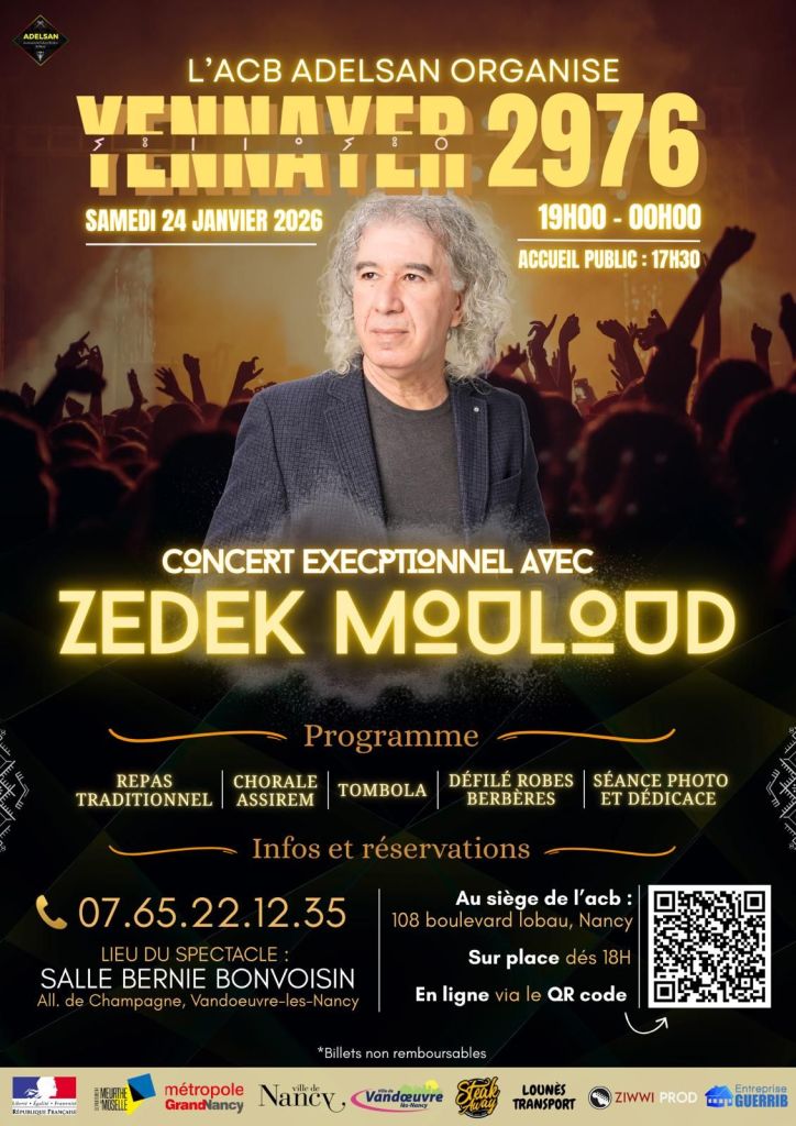 Affiche pour le concert Yennayer 2976, organisé par l'ACB Adelsan, avec Zehek Mouloud. Détails sur la date, l'heure, le lieu et le programme.