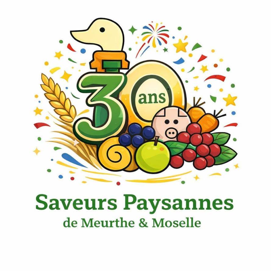 Logo coloré célébrant les 30 ans de Saveurs Paysannes de Meurthe & Moselle, avec des illustrations de fruits, légumes, et un canard.