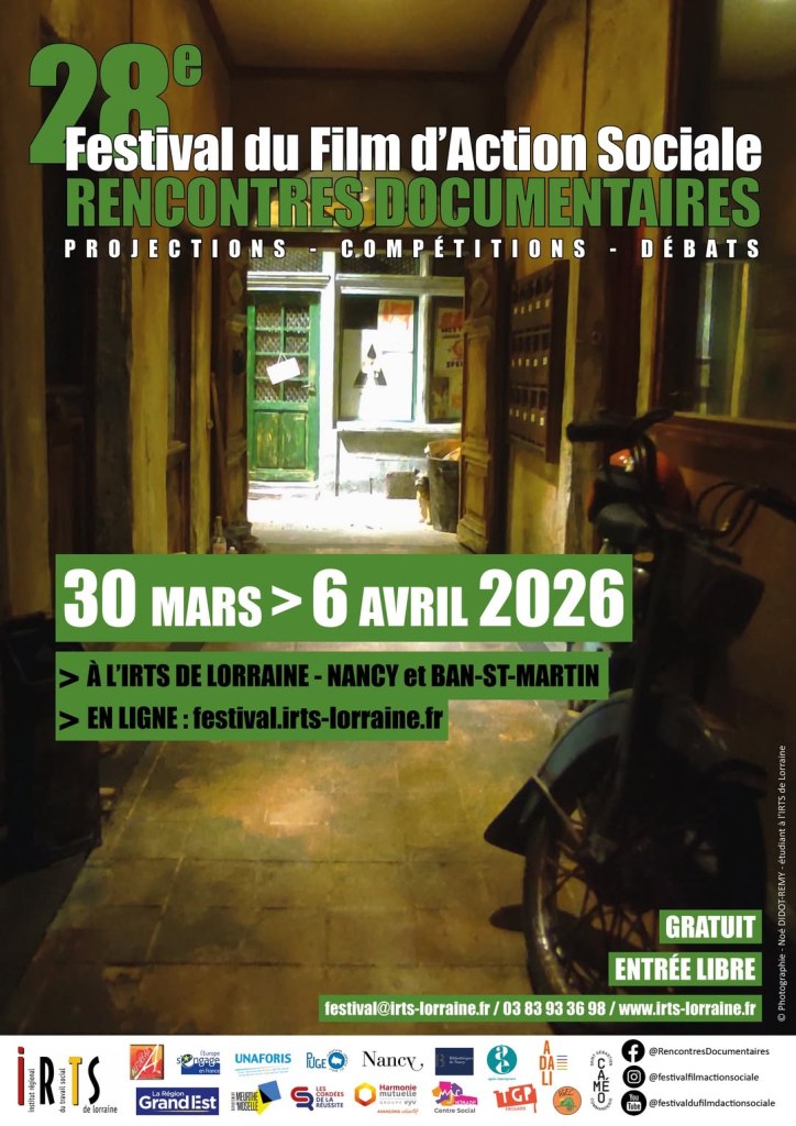 Affiche du 28e Festival du Film d'Action Sociale, présentant des projections, compétitions et débats. Dates : 30 mars au 6 avril 2026, lieux à Nancy et Ban-St-Martin.