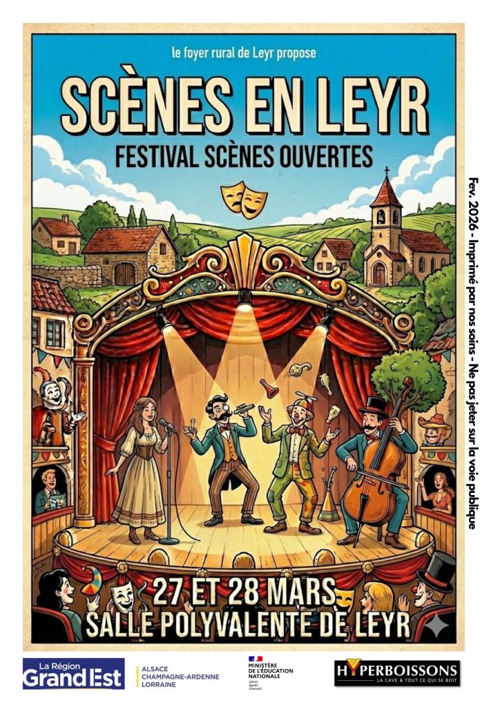 Affiche du festival 'Scènes en Leyr', présentant des artistes sur scène. Date : 27 et 28 mars, à la salle polyvalente de Leyr.