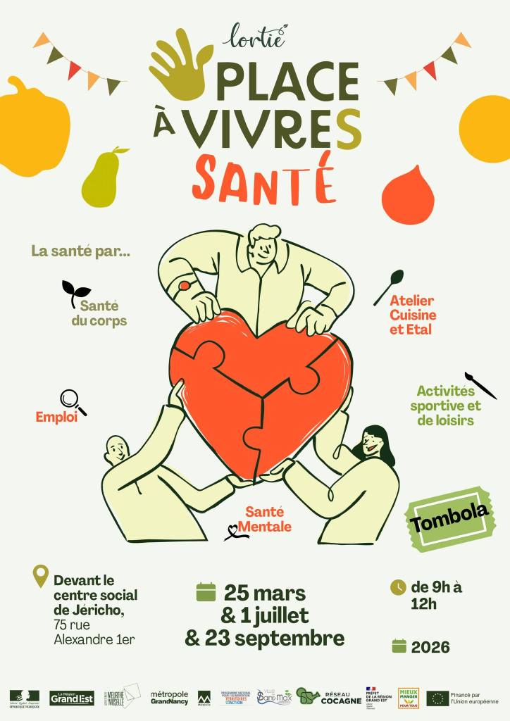 Affiche pour l'événement "Place à Vivre Santé" avec des illustrations d'aliments et deux personnes tenant un cœur. Plusieurs activités sont mentionnées, y compris des ateliers culinaires et des activités sportives.
