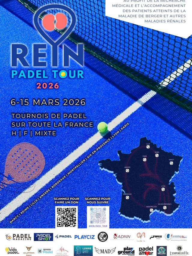Affiche du Rein Padel Tour 2026, annonçant des tournois de padel en France du 6 au 15 mars 2026, avec des informations sur les catégories H, F et mixtes, et un QR code pour faire un don.