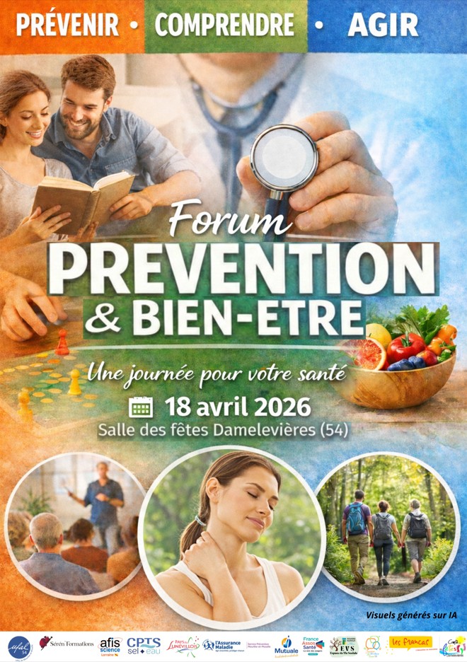 Affiche pour le Forum sur la Prévention et le Bien-être, présentant des activités santé et bien-être, date : 18 avril 2026, Salle des fêtes Damelevières.