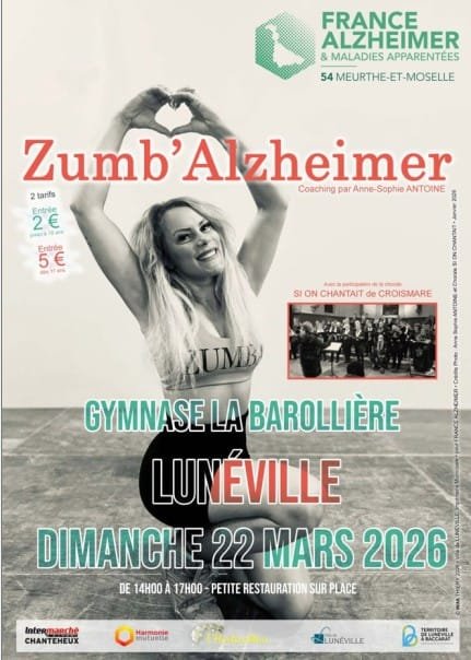 Affiche promotionnelle pour Zumb'Alzheimer, un événement de fitness visant à soutenir la lutte contre Alzheimer, prévu le 22 mars 2026 à Lunéville.