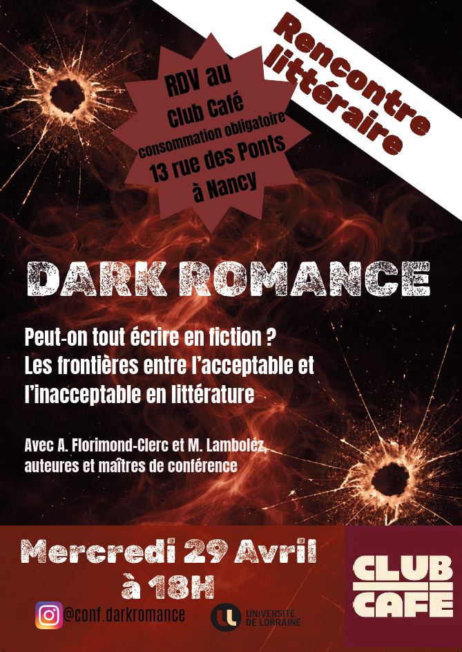 Affiche pour une rencontre littéraire au Club Café à Nancy, discutant des limites de l'écriture en fiction. Date : 29 avril à 18h.