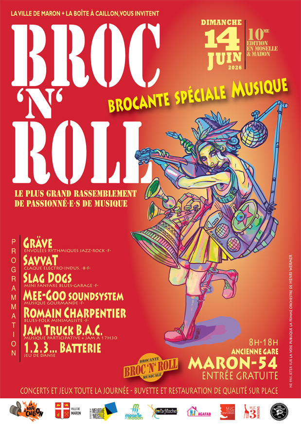 Affiche de l'événement 'Broc 'N' Roll', une brocante musicale spéciale, présentant des concerts et des jeux. Cet événement aura lieu le 14 juin 2026 à Maron, avec une liste d'artistes et une note sur l'entrée gratuite.