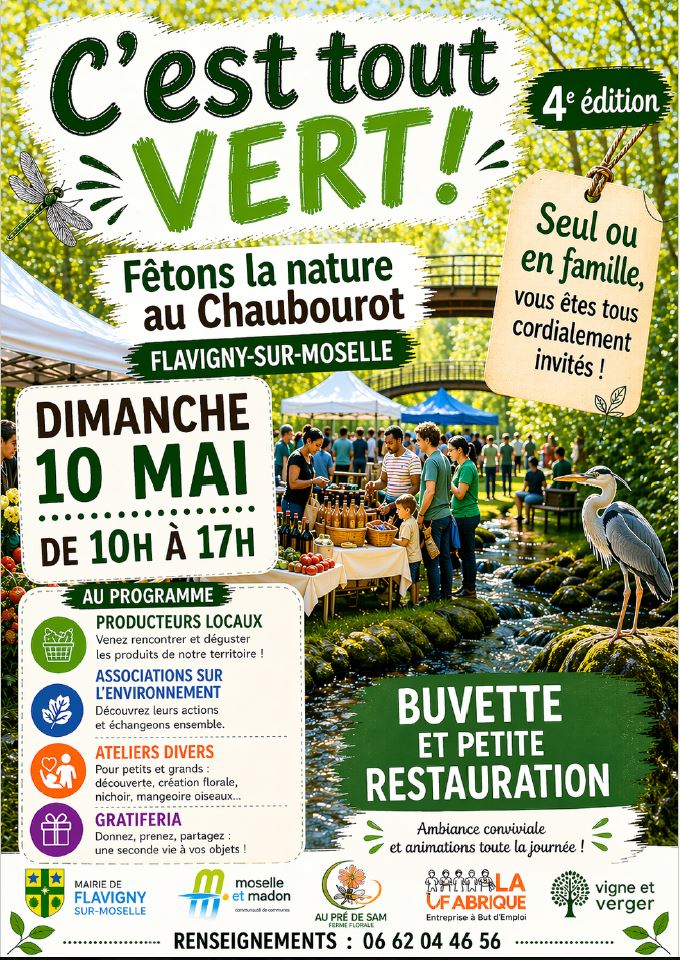 Affiche de l'événement 'C'est tout VERT!' à Flavigny-sur-Moselle, présentant les détails de la fête de la nature, avec la date, le programme et des activités pour toute la famille.