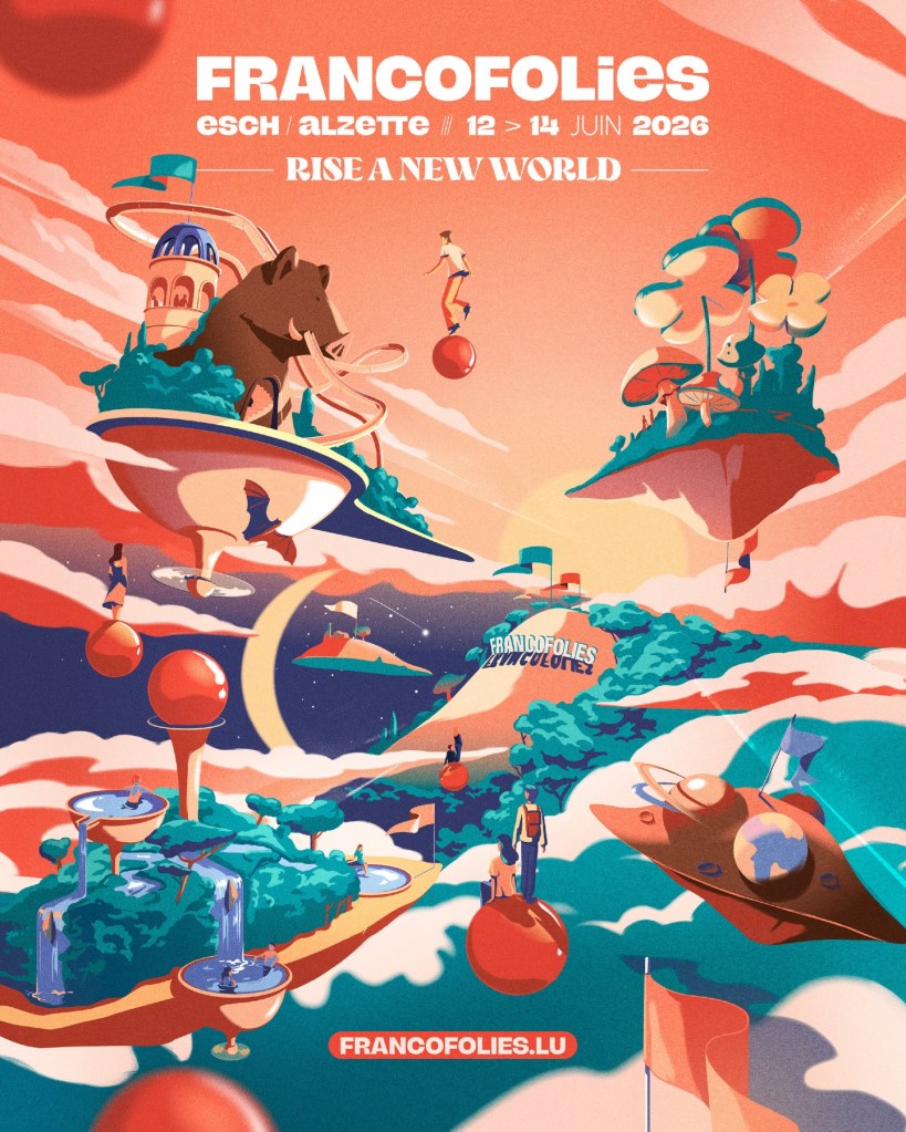 Affiche colorée pour le festival Francofolies, présentant des paysages futuristes, des personnages interagissant avec des éléments fantastiques et le texte 'Rise a New World' en haut.