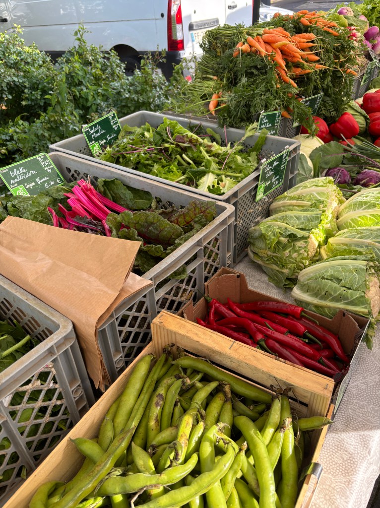 Marché de légumes avec des paniers remplis de légumes frais, y compris des carottes, de la laitue, des betteraves, des piments rouges et des fèves.