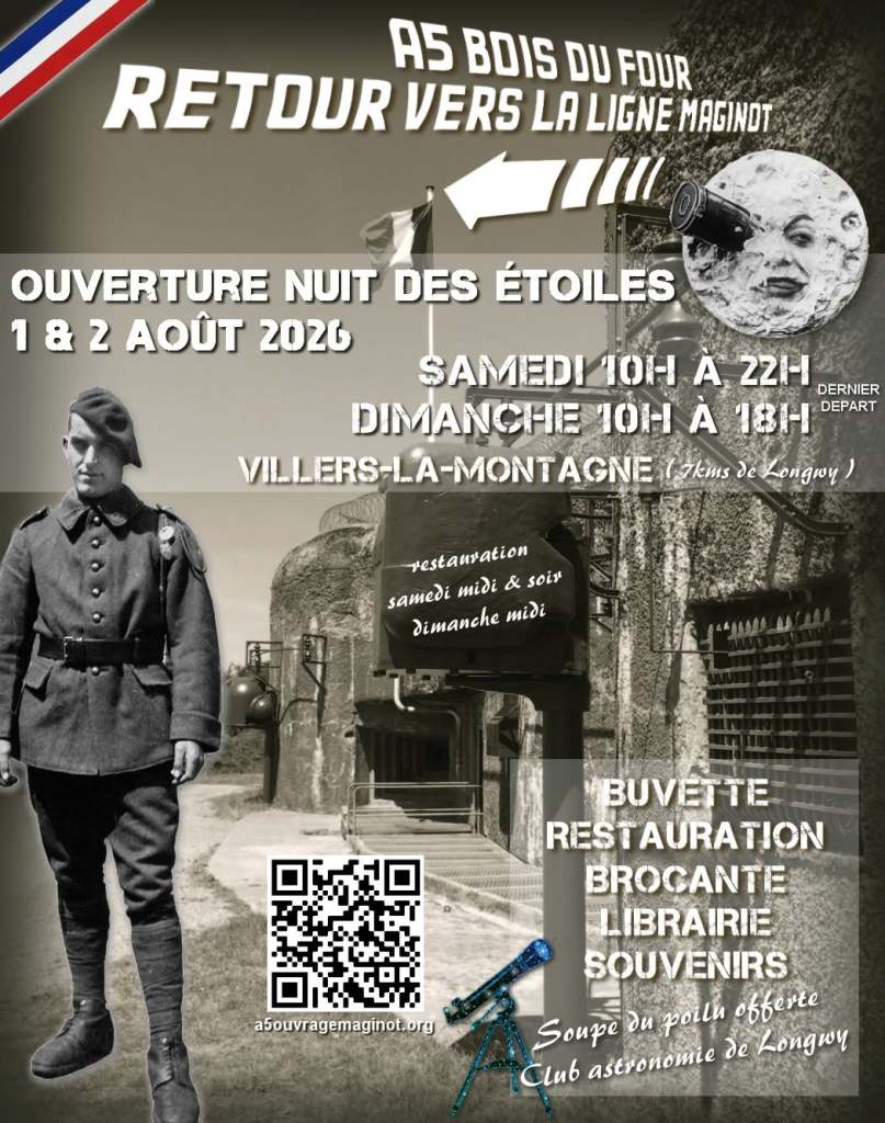Affiche promotionnelle pour un événement à Villers-la-Montagne, avec un soldat en uniforme, des informations sur des activités, des repas et des souvenirs.