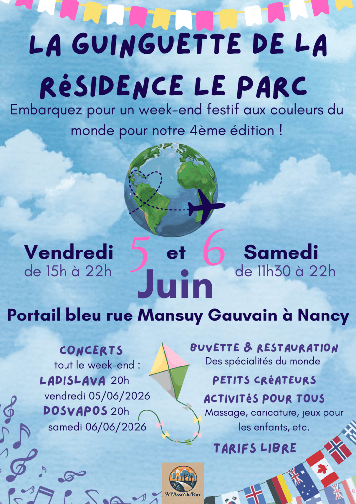 Affiche de l'événement 'La Guinguette de la Résidence le Parc' avec des détails sur les dates et activités.