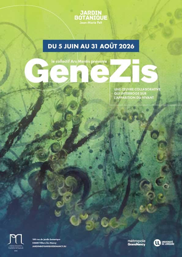 Affiche de l'exposition "GeneZis" au Jardin Botanique, présentant des éléments artistiques en bleu et vert, avec des dates de l'événement du 5 juin au 31 août 2026.