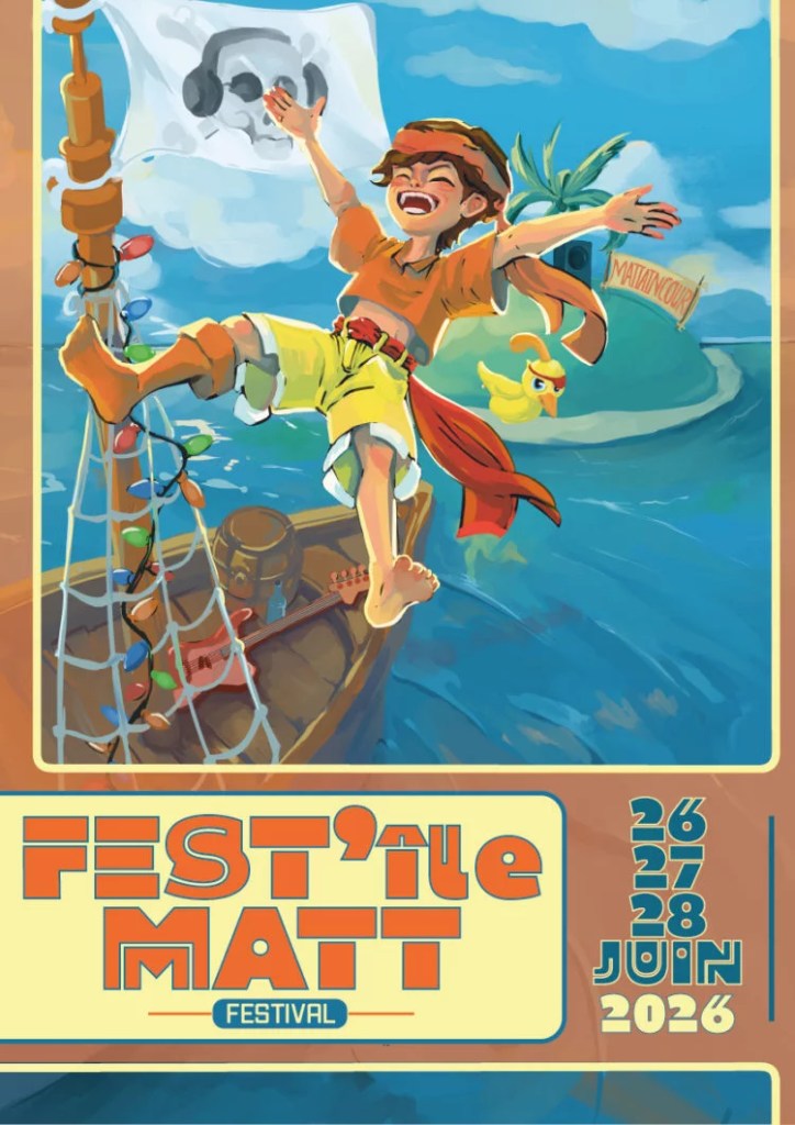 Affiche colorée du festival Fest'ile Matt, représentant un jeune garçon joyeux sur un bateau, avec une île en arrière-plan et des éléments festifs.