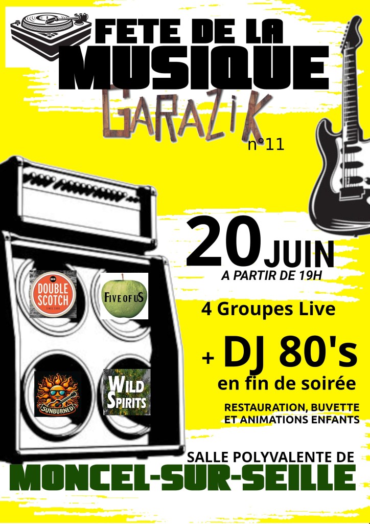 Affiche de la Fête de la Musique avec des informations sur l'événement à Moncel-sur-Seille, comprenant la date, les groupes live et les activités proposées.