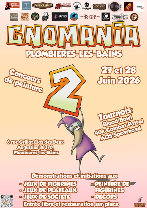 Affiche de l'événement Gnomania à Plombières-les-Bains, présentant un concours de peinture et divers tournois de jeux de société, avec des détails sur les dates, les adresses et les activités proposées.