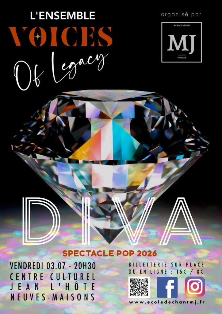 Affiche pour le spectacle "DIVA" de l'ensemble Voices of Legacy, présentant un diamant coloré sur fond noir avec des informations sur l'événement.