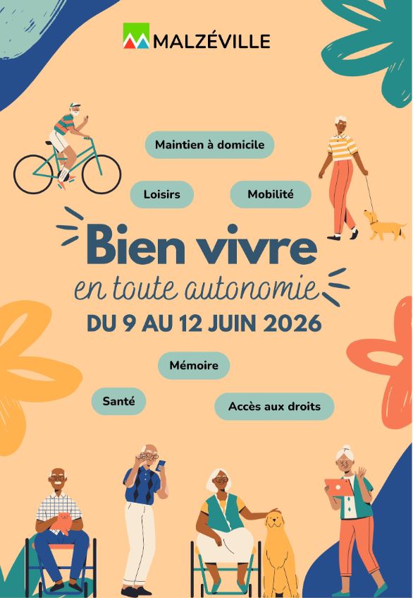 Affiche d'un événement intitulé 'Bien vivre en toute autonomie' programmé du 9 au 12 juin 2026, présentant des thèmes comme le maintien à domicile, les loisirs, la mobilité, la mémoire, la santé et l'accès aux droits, avec des illustrations de personnes de différents âges.
