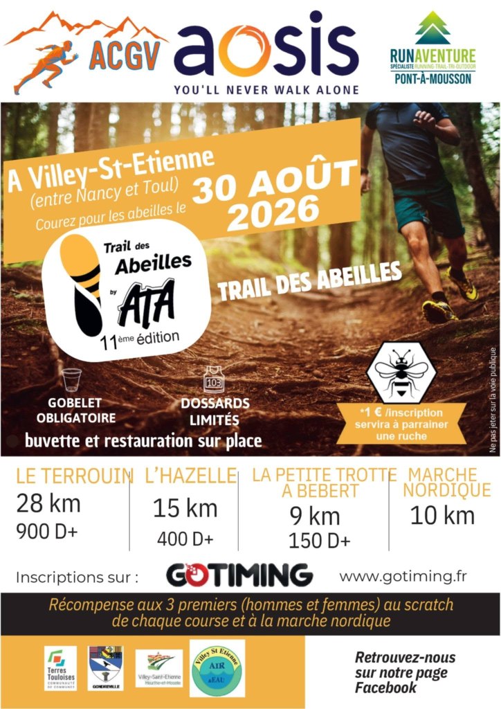 Affiche de l'événement 'Trail des Abeilles' à Villey-St-Etienne, date du 30 août 2026, présentant les différentes courses, informations sur l'inscription, et détails sur la buvette et restauration.