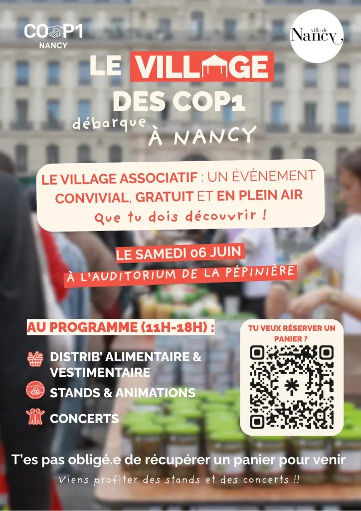 Affiche de l'événement 'Le Village des COP1' à Nancy, présentant un village associatif convivial, gratuit et en plein air, avec des activités et des concerts le 6 juin à l'Auditorium de la Pépinière.