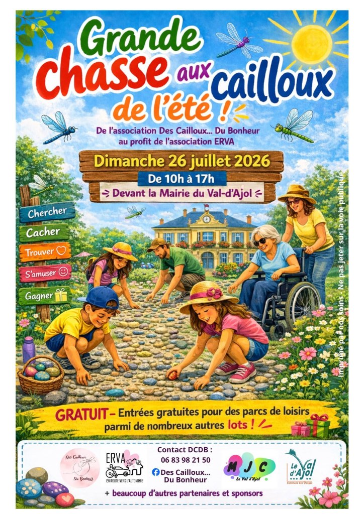 Affiche colorée annonçant une chasse aux cailloux estivale le 26 juillet 2026, devant la mairie du Val-d'Ajol, avec des enfants cherchant des cailloux décorés dans un cadre ensoleillé.