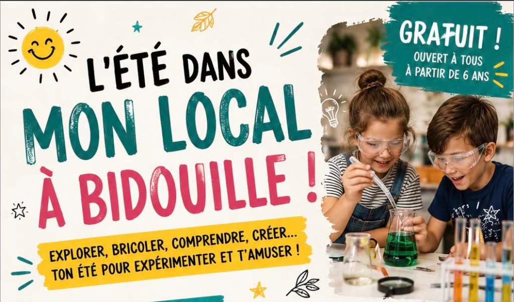 Affiche promotionnelle pour un été d'activités dans un local éducatif, avec des enfants portant des lunettes de protection en train de réaliser des expériences scientifiques.