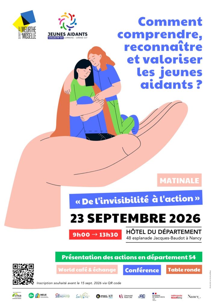 Affiche de l'événement sur les jeunes aidants, incluant des illustrations de personnes se soutenant mutuellement et fournissant des informations sur une matinale se déroulant le 23 septembre 2026 à Nancy.