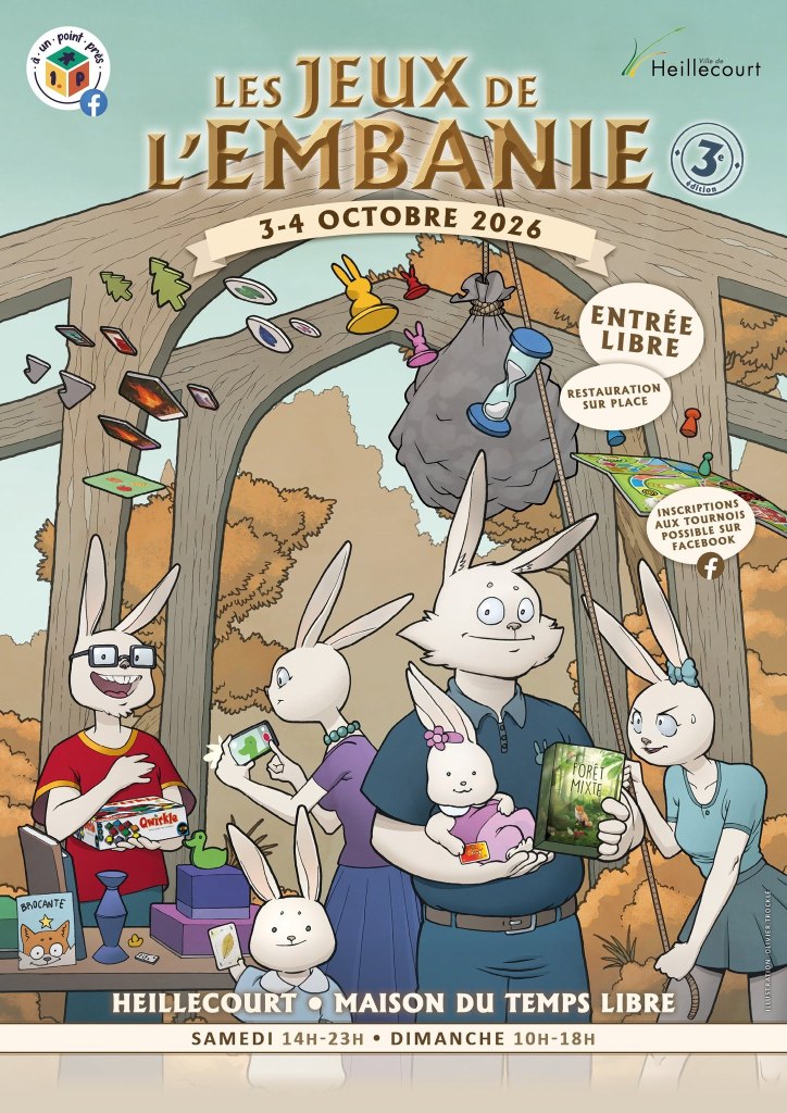 Affiche des Jeux de l'Embanie, représentant des lapins anthropomorphes jouant à des jeux, avec des objets ludiques autour d'une structure en bois. Informations sur l'événement incluant la date, le lieu et les horaires.