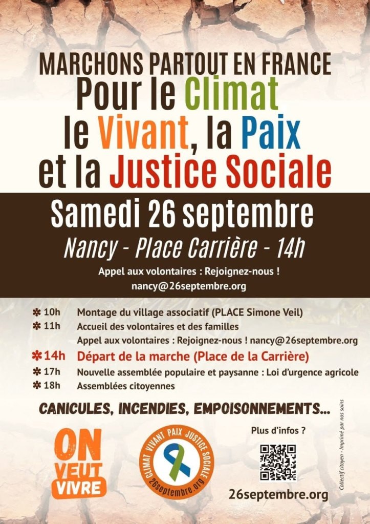 Affiche pour une marche en France le 26 septembre à Nancy, Place Carrière, pour le climat, la paix, la justice sociale, avec horaires et informations sur les activités.