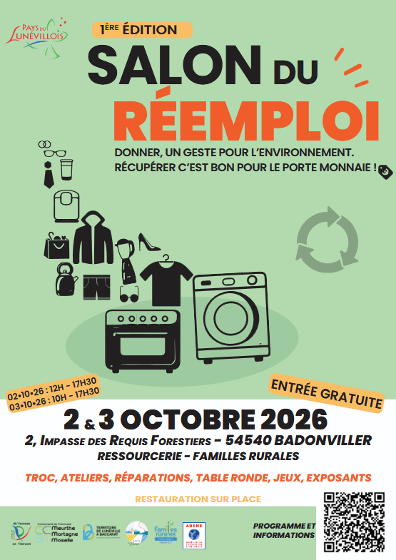 Affiche du Salon du Réemploi, annonçant un événement pour encourager le don et la récupération d'objets. Détails sur les dates, lieu et activités comme des ateliers et des trocs.