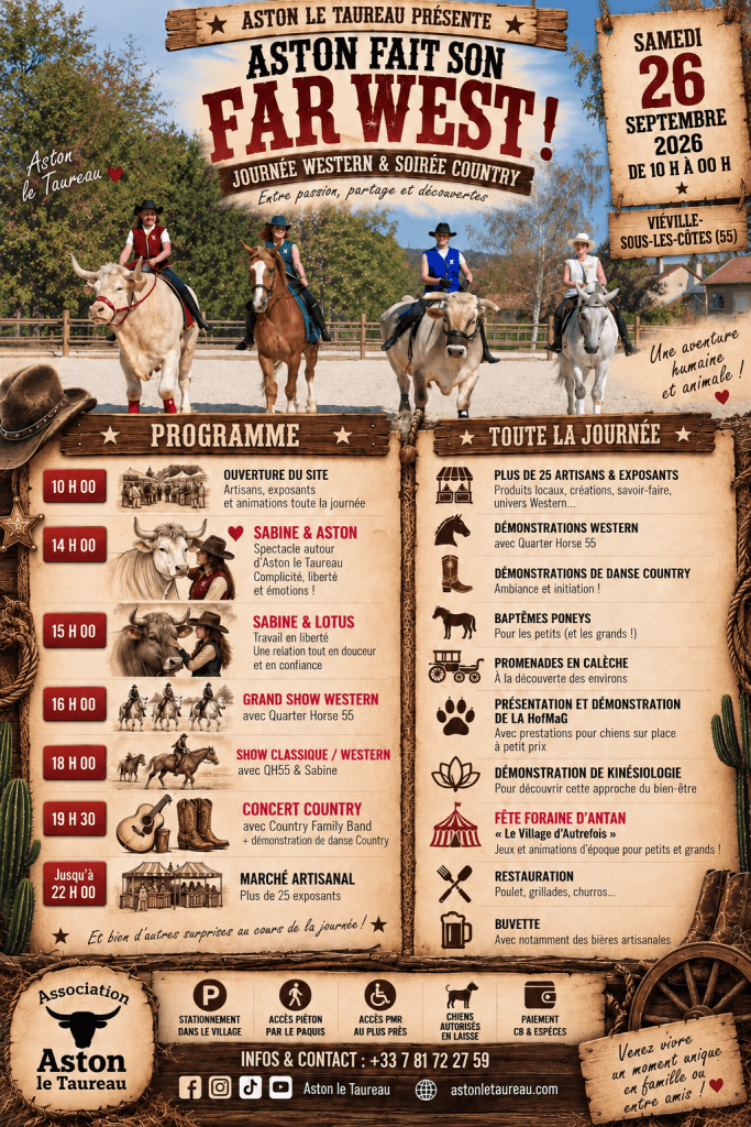Affiche de l'événement 'Aston fait son Far West' présentant une journée western et une soirée country, avec des activités, des artistes et un programme détaillé.