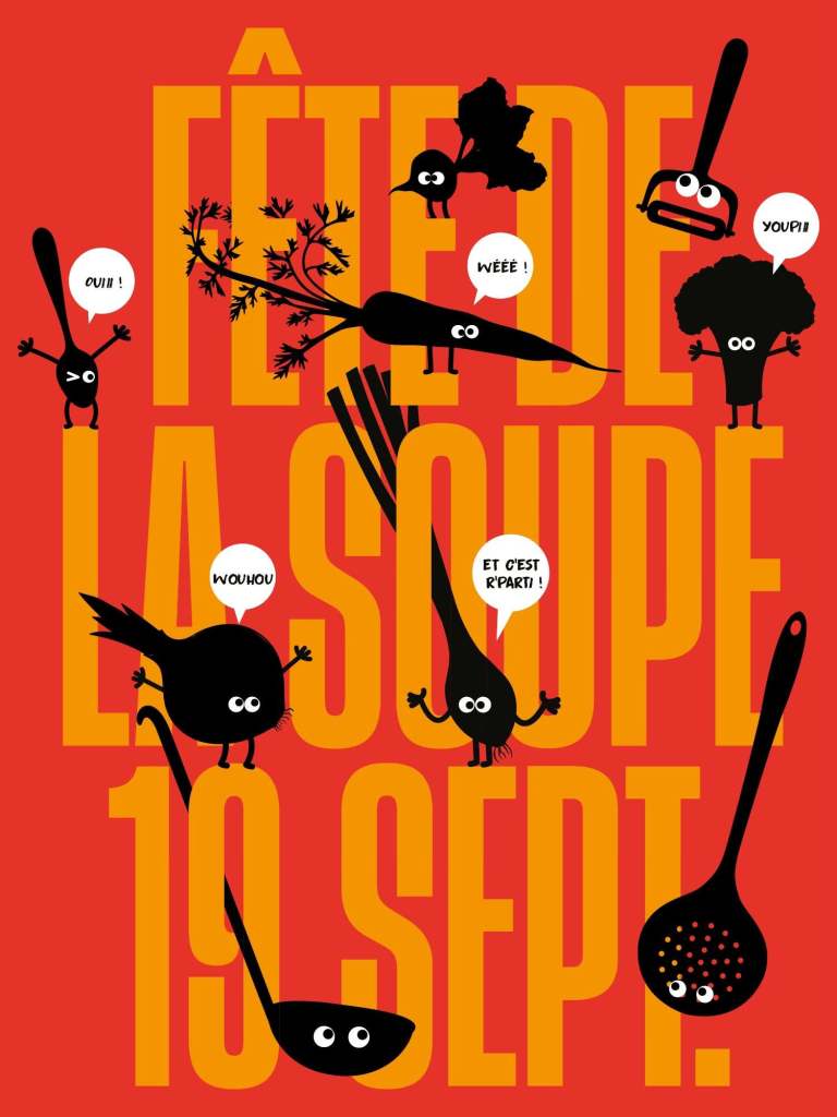 Affiche colorée pour la Fête de la Soupe avec des légumes animés, un fond rouge et la date du 19 septembre.