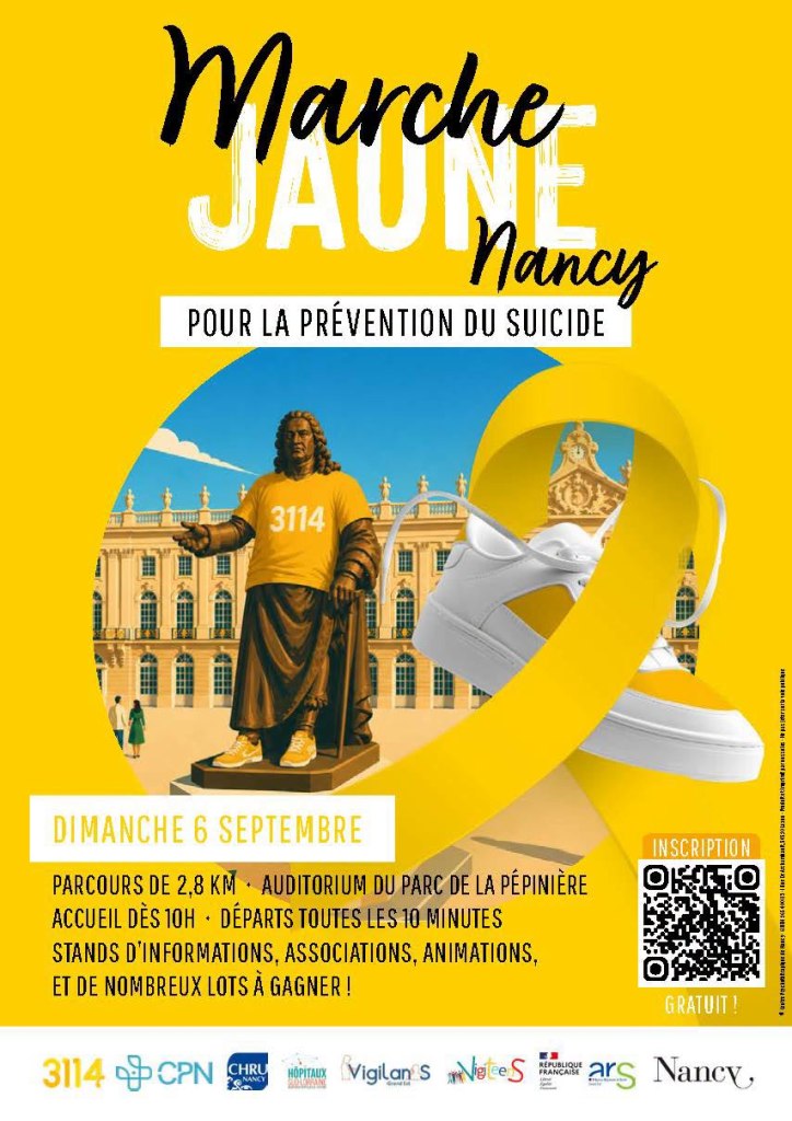 Affiche pour la Marche Jaune à Nancy, axée sur la prévention du suicide. Détails de l'événement, incluant le parcours de 2,8 km, date et horaire d'accueil.