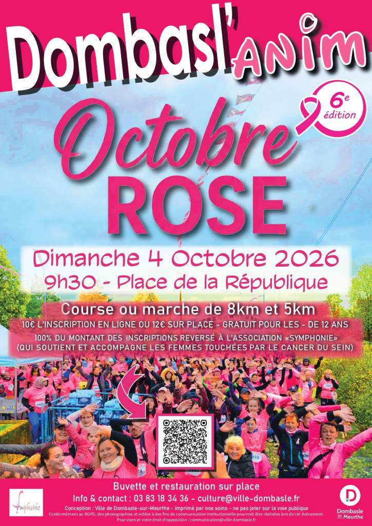Affiche de l'événement 'Dombasl'anim - Octobre Rose', annonçant une course ou marche de 8 km et 5 km le 4 octobre 2026 à la Place de la République, avec des informations sur l'inscription et le soutien aux femmes touchées par le cancer du sein.