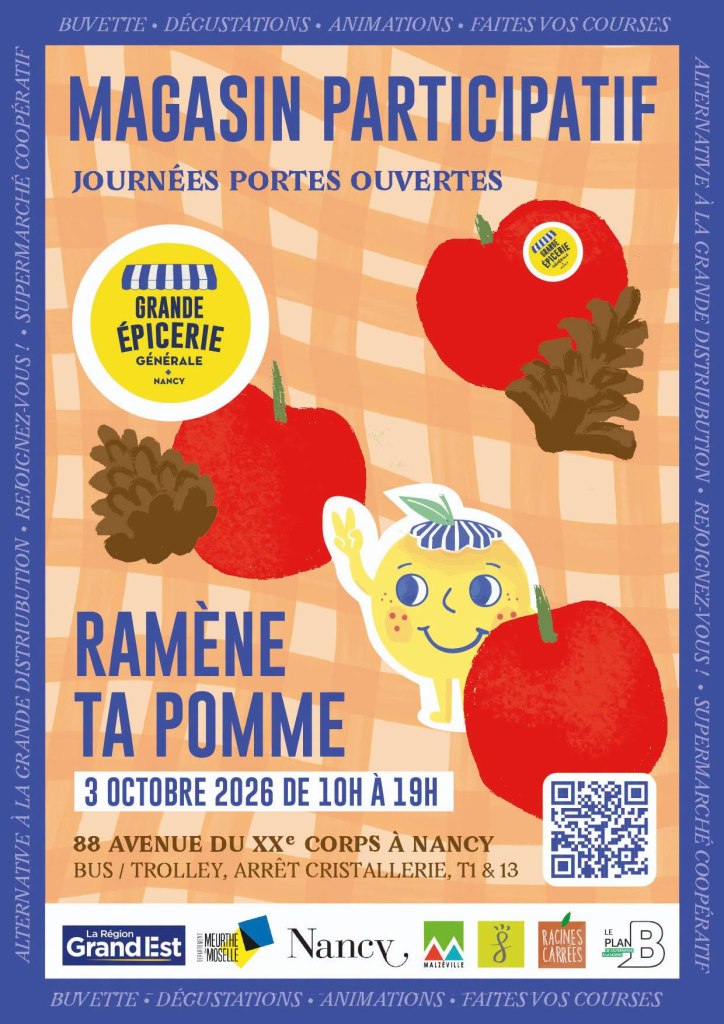 Affiche de l'événement 'Journées Portes Ouvertes' pour un magasin participatif à Nancy, avec des illustrations de pommes, un personnage souriant et des informations sur la date et le lieu.