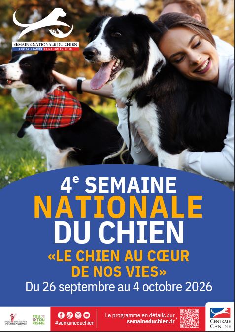 Une femme souriante câline deux chiens noirs et blancs, mettant en avant la 4e Semaine Nationale du Chien, du 26 septembre au 4 octobre 2026.